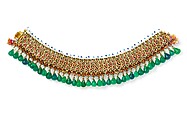 Pair of Anklets, Gold, set with white sapphires,  with attached pearls and hanging glass beads; enamel on reverse